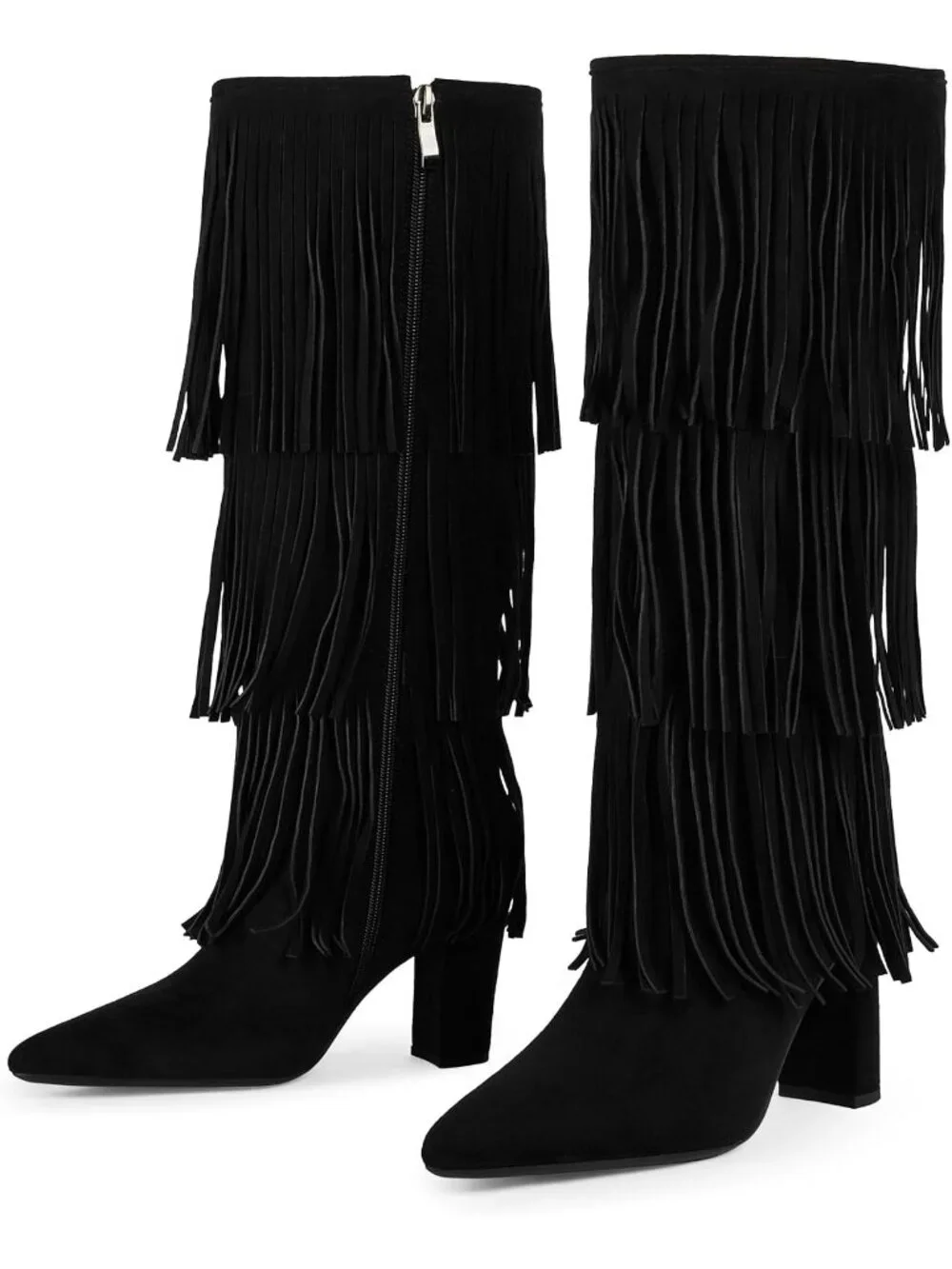 Women Black Fringe Pointed Toe Chunky Heel Faux Leather Over The Knee High Boots